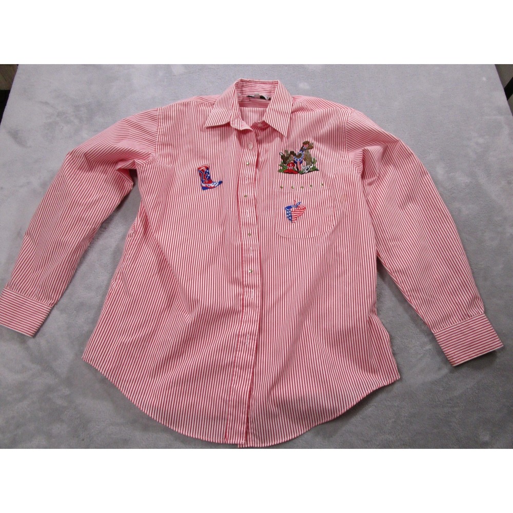 Las Olas Shirt Womens Medium Red‎ White Stripe Western Embroidered Cowboy Boot